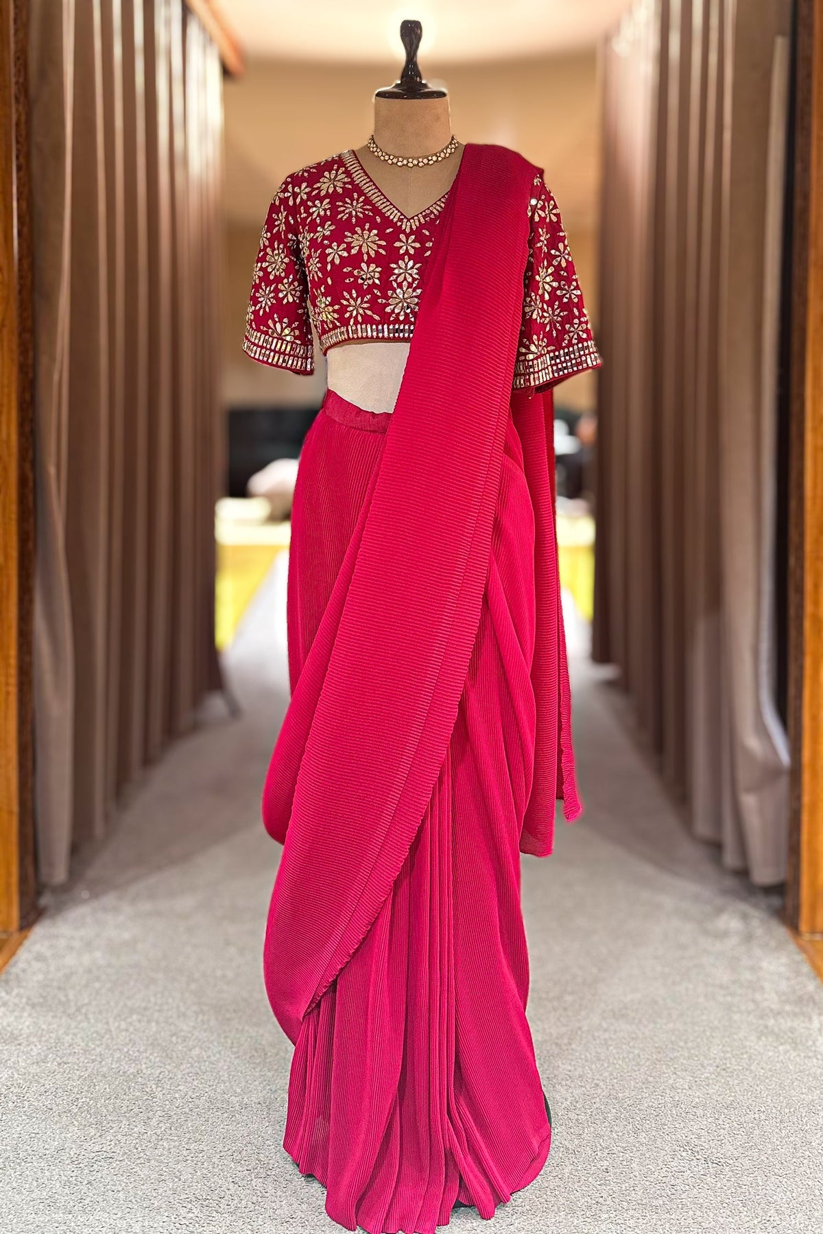 Pink Pre-Draped Saree with Embellished Floral Blouse - pink saree