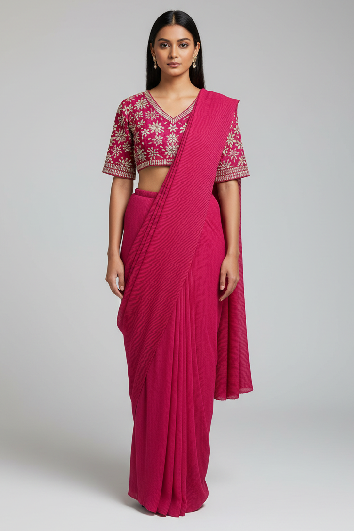 Pink Pre-Draped Saree with Embellished Floral Blouse - pink saree Main image