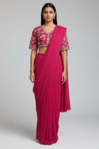 Pink Pre-Draped Saree with Embellished Floral Blouse - pink saree