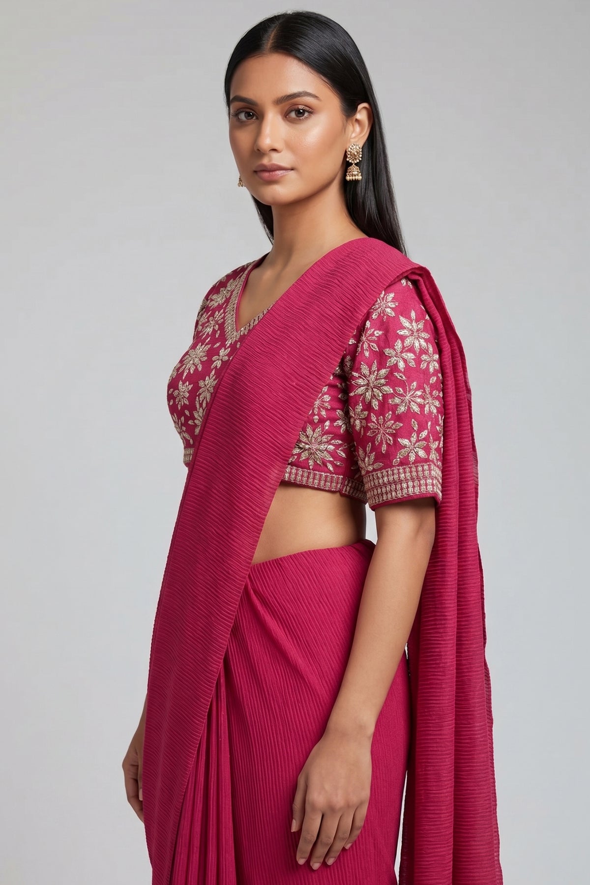 Pink Pre-Draped Saree with Embellished Floral Blouse - pink saree