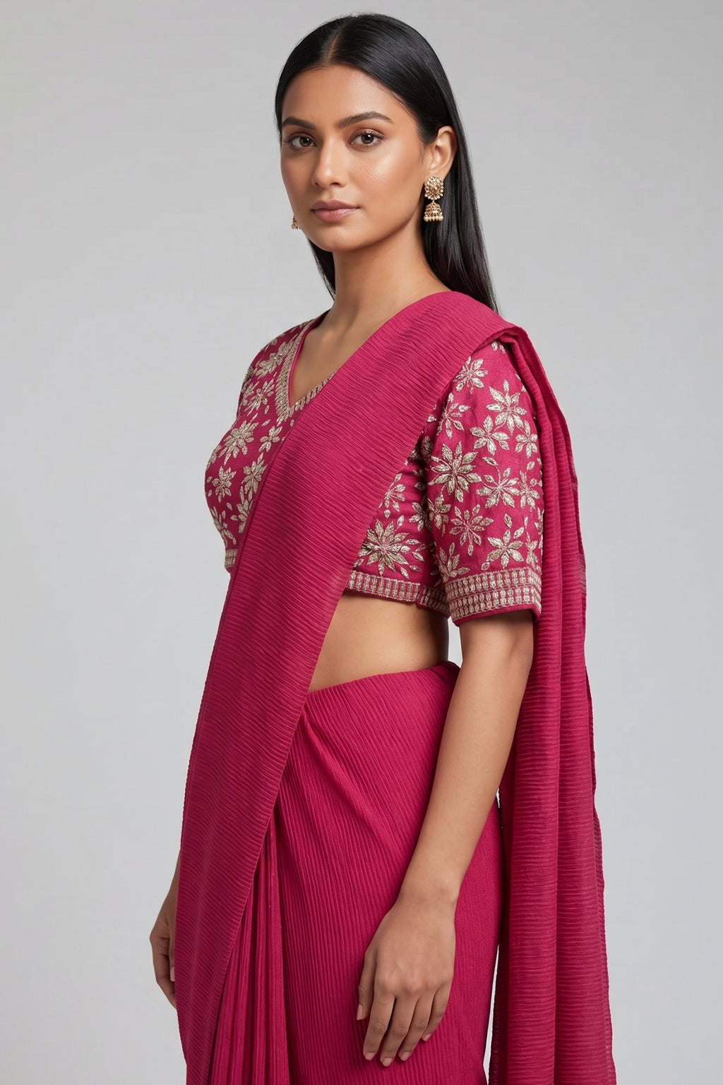 Pink Pre-Draped Saree with Embellished Floral Blouse - pink saree