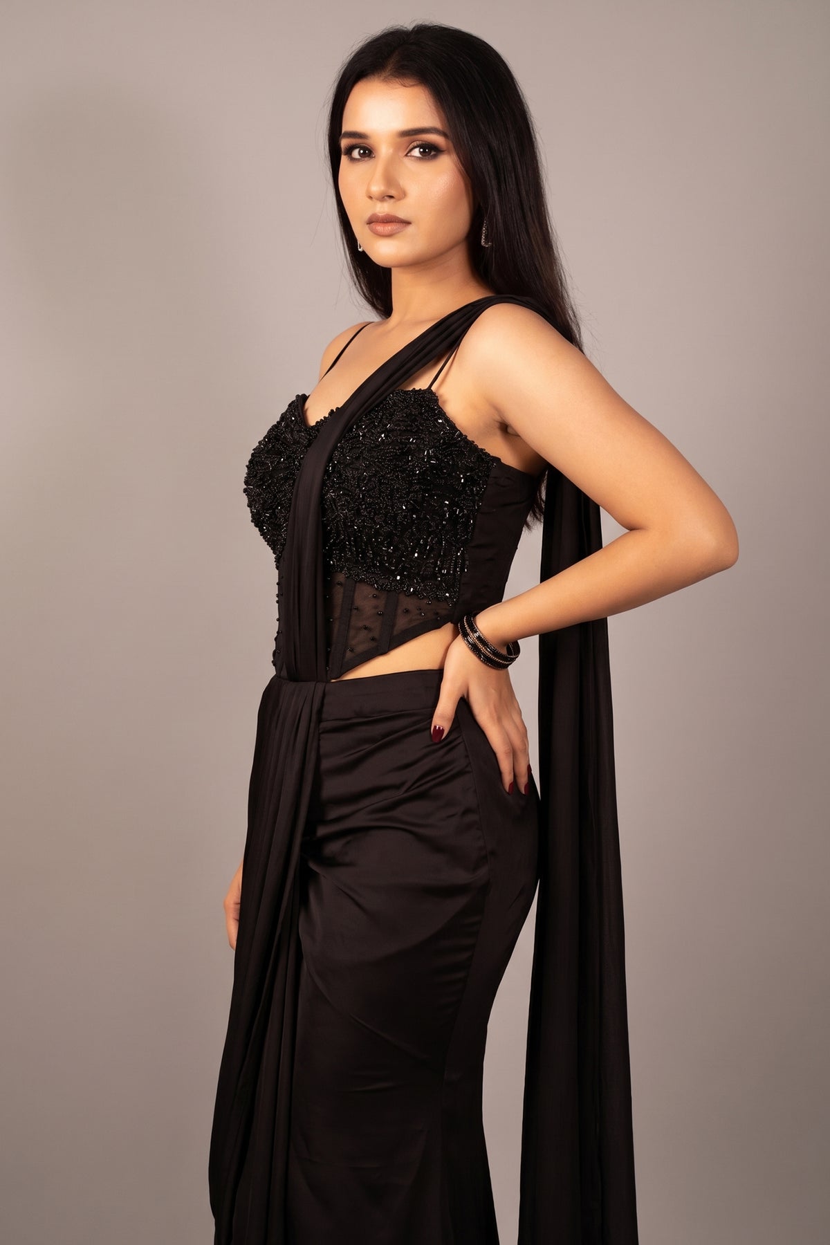 Black Satin Pre Draped Palazzo Saree with Pearl Work Corset Blouse - black satin saree