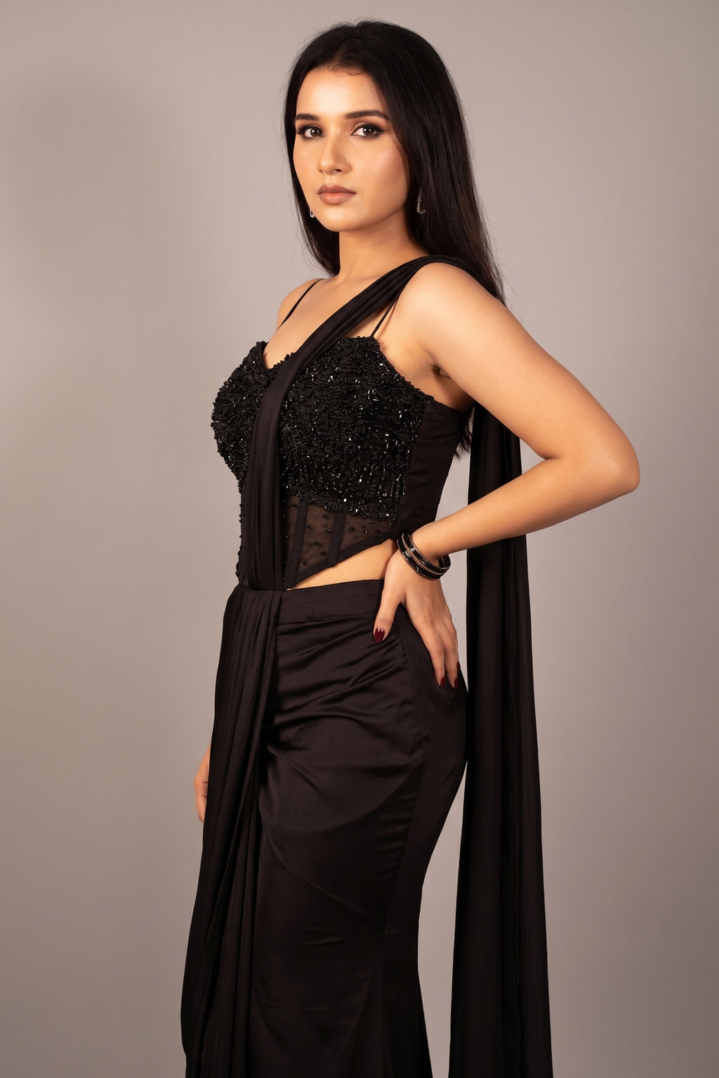 Black Satin Pre Draped Palazzo Saree with Pearl Work Corset Blouse - black satin saree
