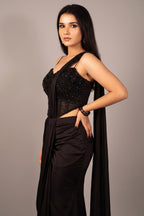 Black Satin Pre Draped Palazzo Saree with Pearl Work Corset Blouse - black satin saree
