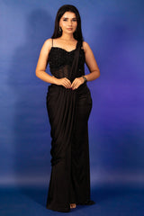 Black Satin Pre Draped Palazzo Saree with Pearl Work Corset Blouse