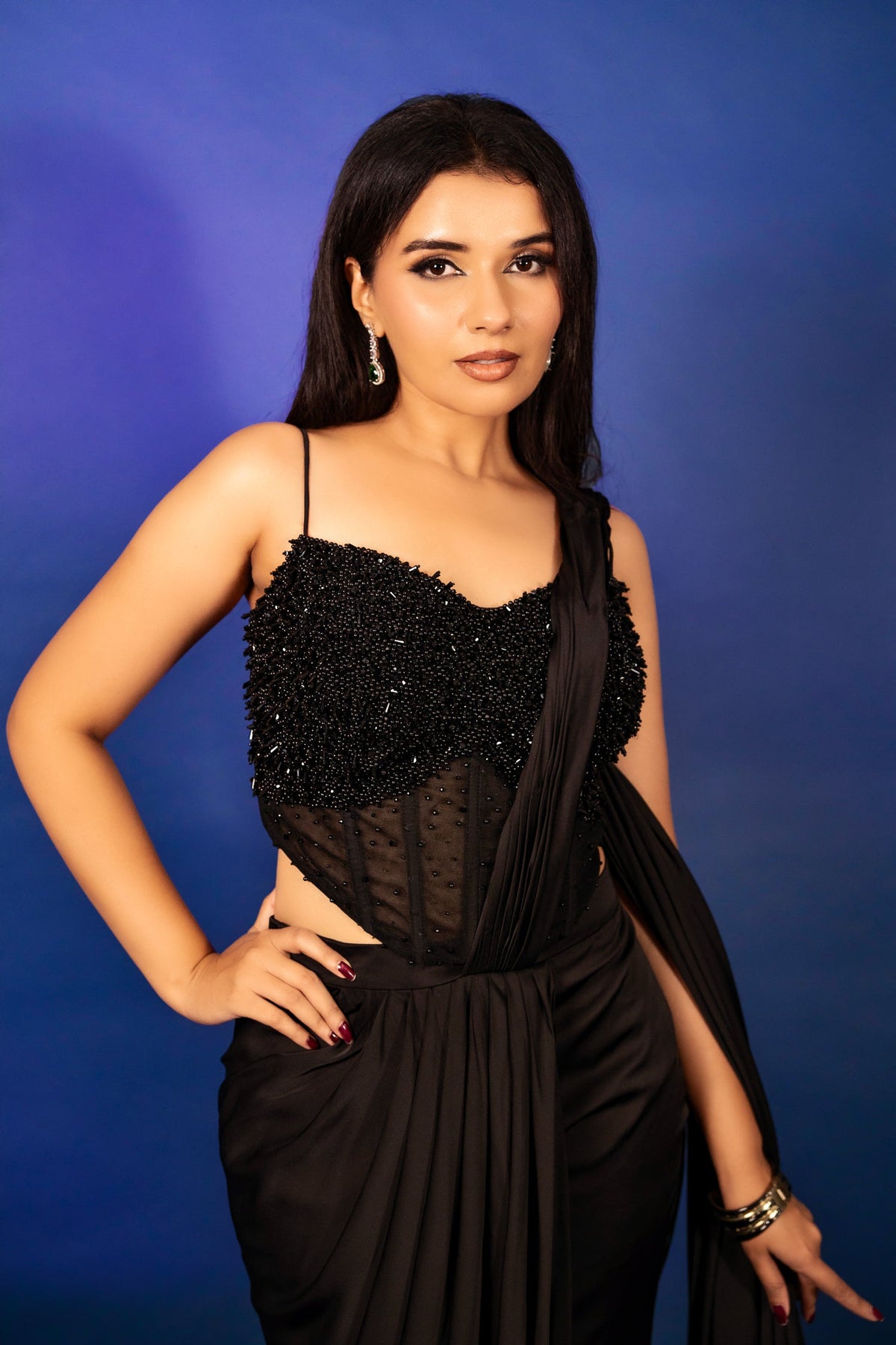 Black Satin Pre Draped Palazzo Saree with Pearl Work Corset Blouse - black satin saree