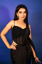 Black Satin Pre Draped Palazzo Saree with Pearl Work Corset Blouse - black satin saree