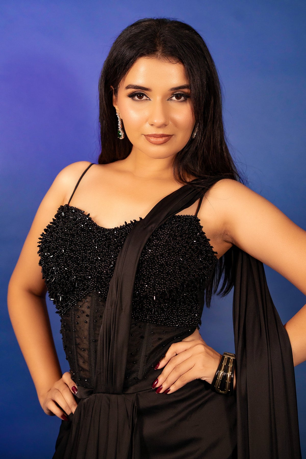 Black Satin Pre Draped Palazzo Saree with Pearl Work Corset Blouse - black satin saree