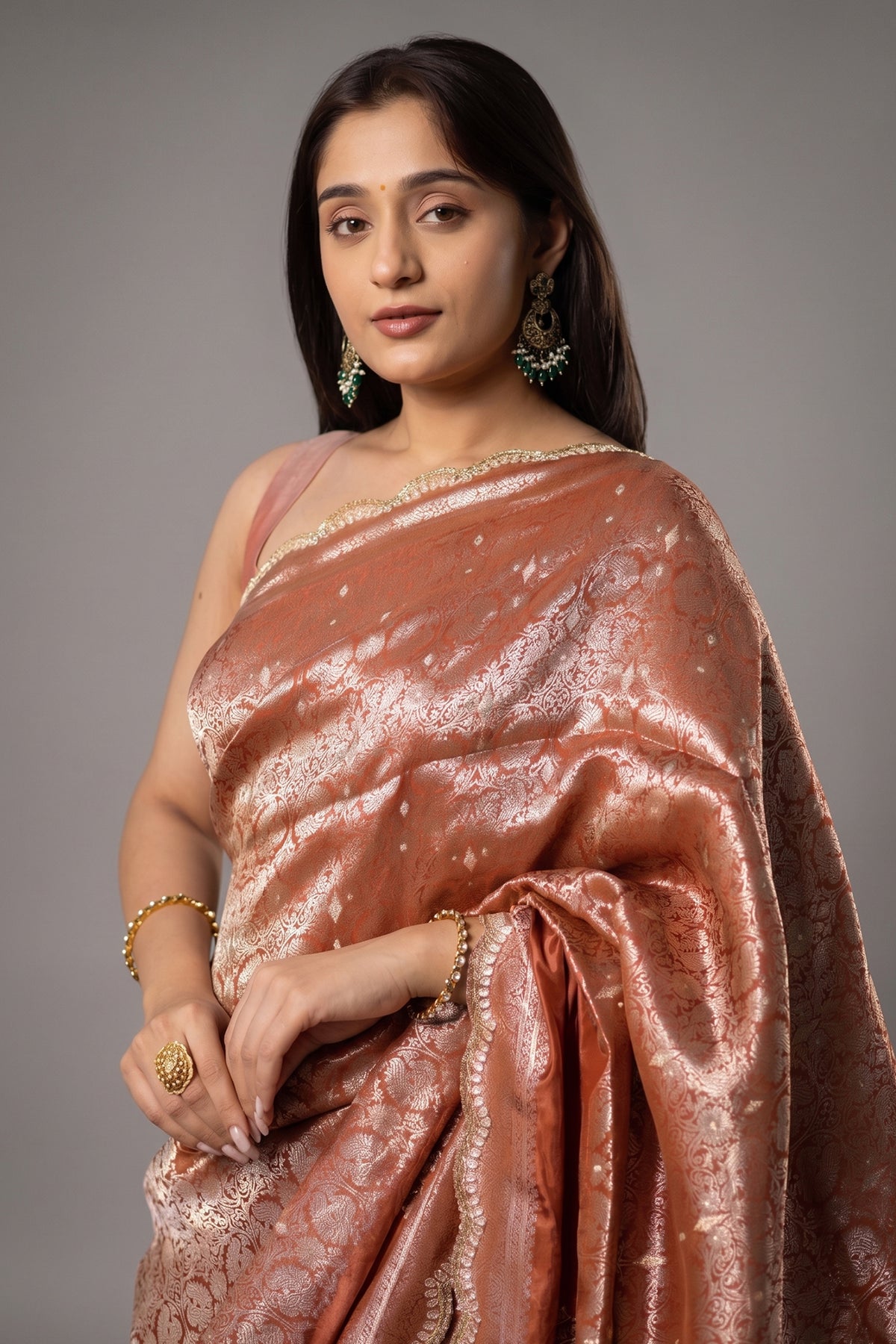 Orange Dola Silk Weaving Scallop Border Saree with Sequin Embroidered Butta - red silk saree embroidered