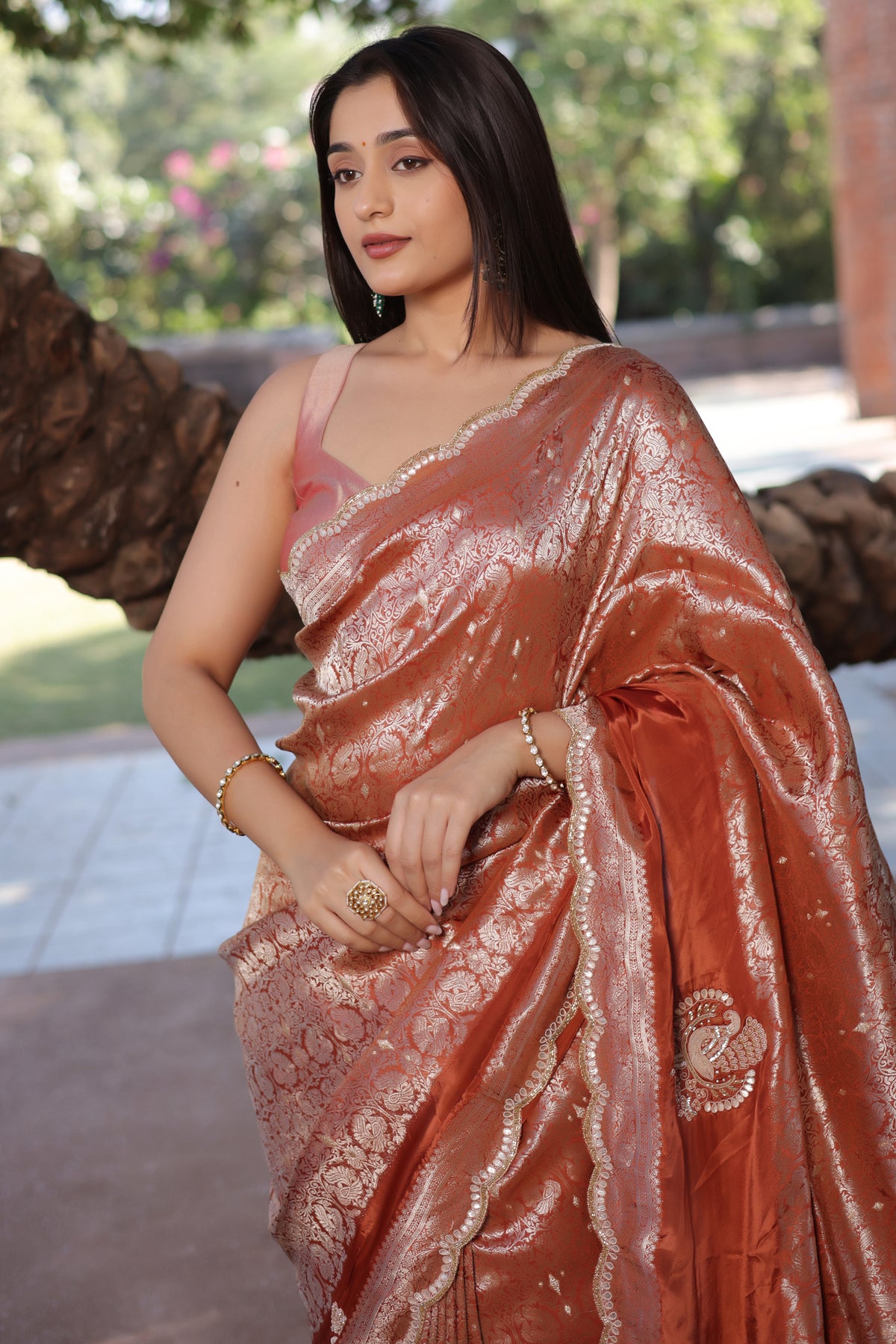 Orange Dola Silk Weaving Scallop Border Saree with Sequin Embroidered Butta - red silk saree embroidered
