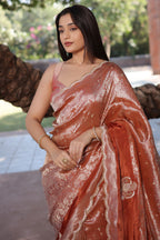 Orange Dola Silk Weaving Scallop Border Saree with Sequin Embroidered Butta - red silk saree embroidered