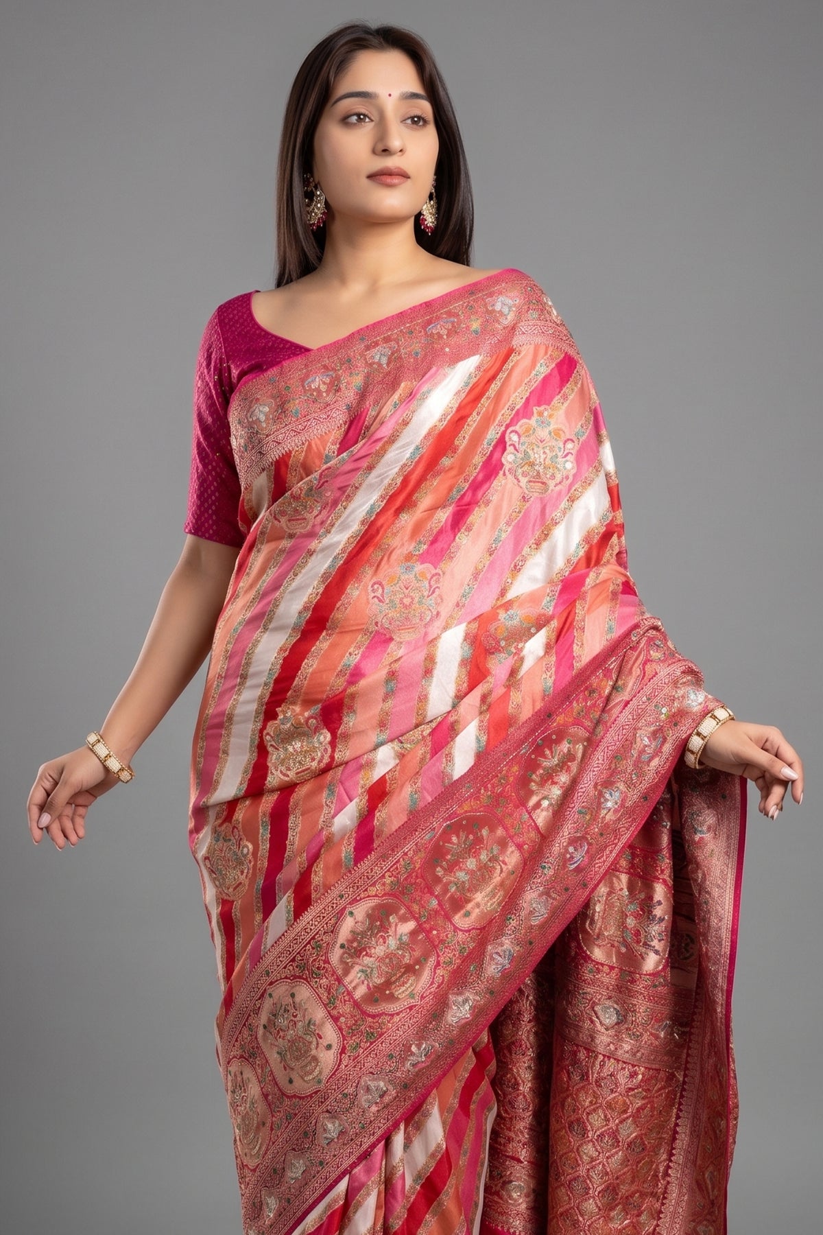 Multi Colored Modal Silk Weaving Stripes Saree with Gota and Cutdana Work - red silk saree