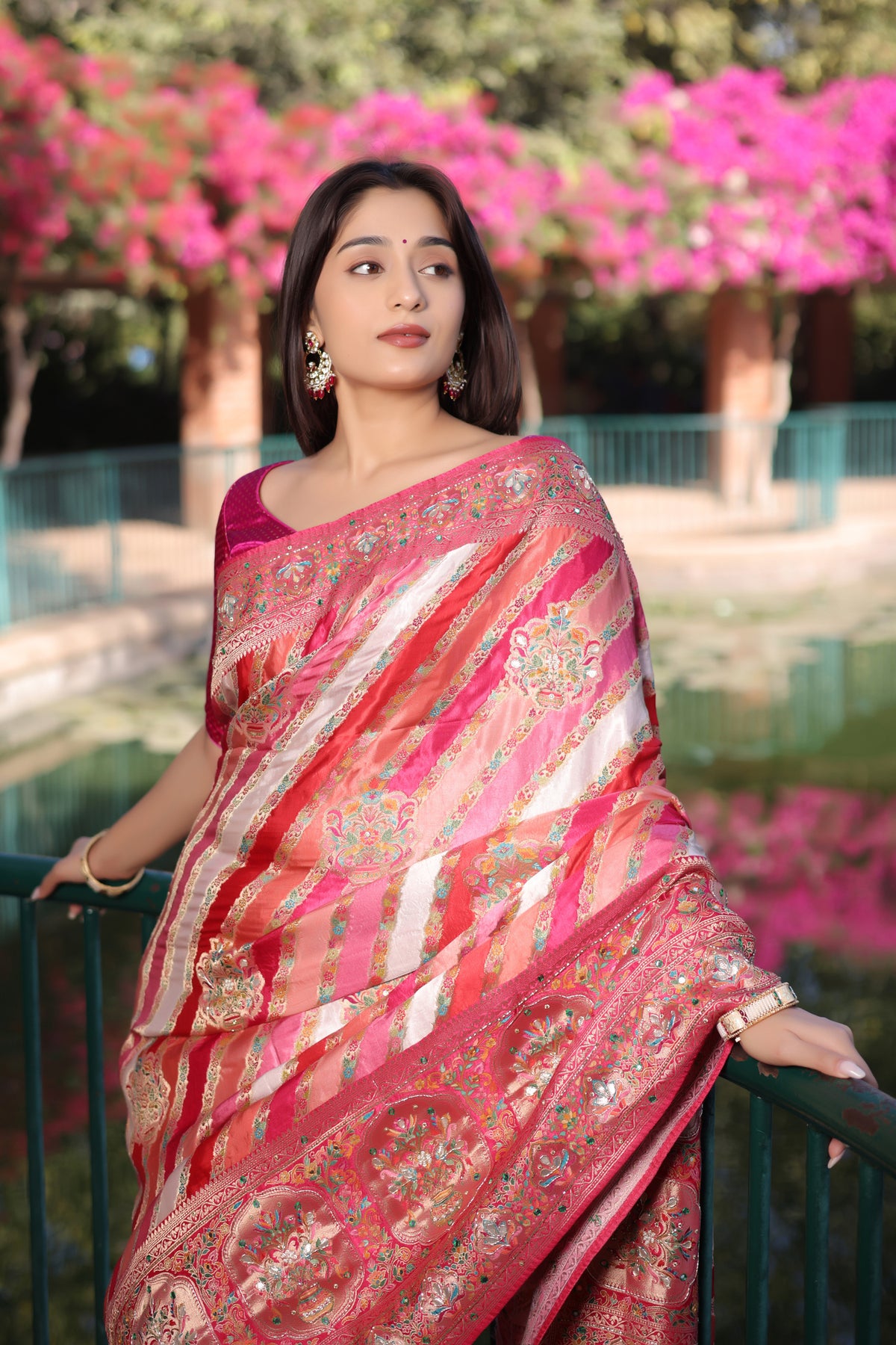 Multi Colored Modal Silk Weaving Stripes Saree with Gota and Cutdana Work - red silk saree