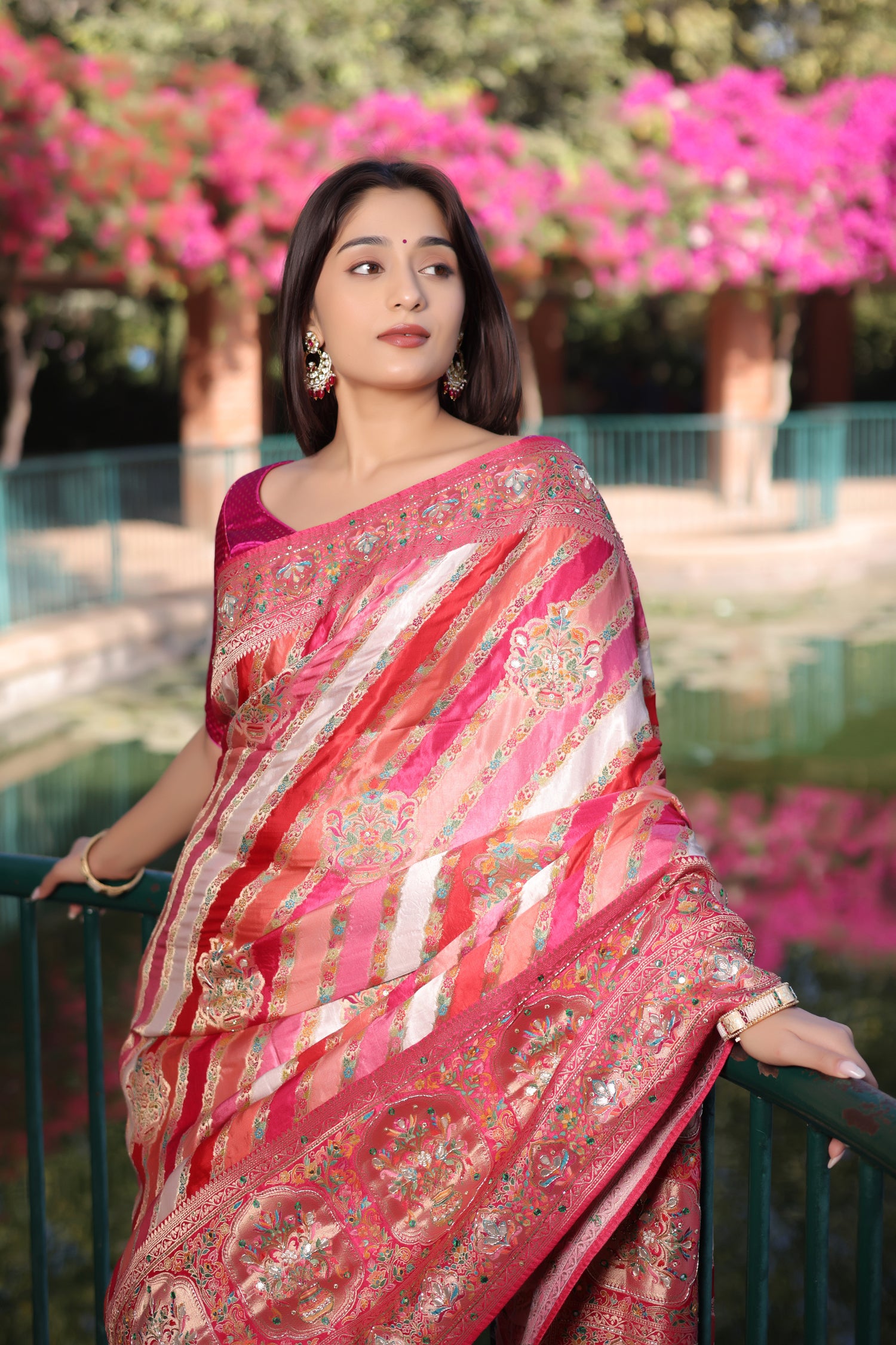Multi Colored Modal Silk Weaving Stripes Saree with Gota and Cutdana Work - red silk saree