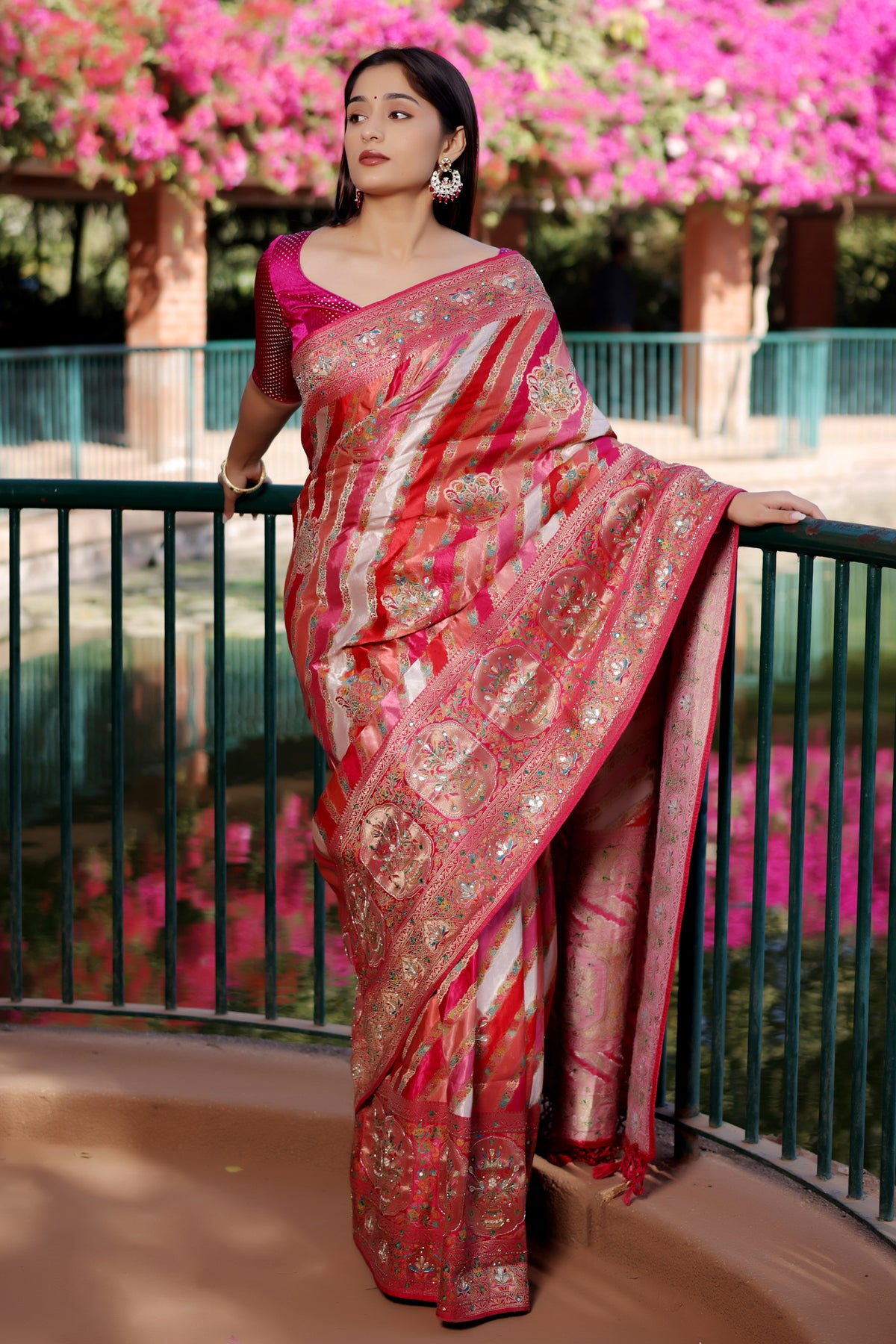 Multi Colored Modal Silk Weaving Stripes Saree with Gota and Cutdana Work - red silk saree
