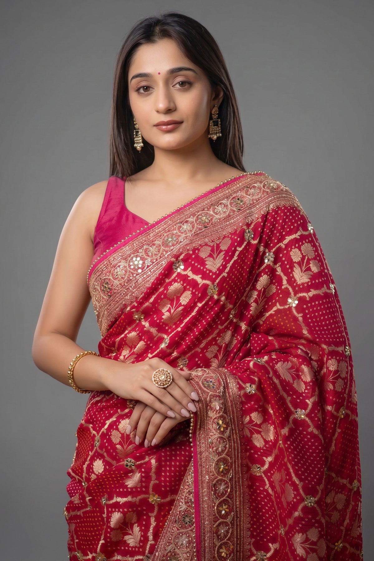 Pink Georgette Floral Woven Checks Saree with Sequin Beaded Work - pink georgette saree