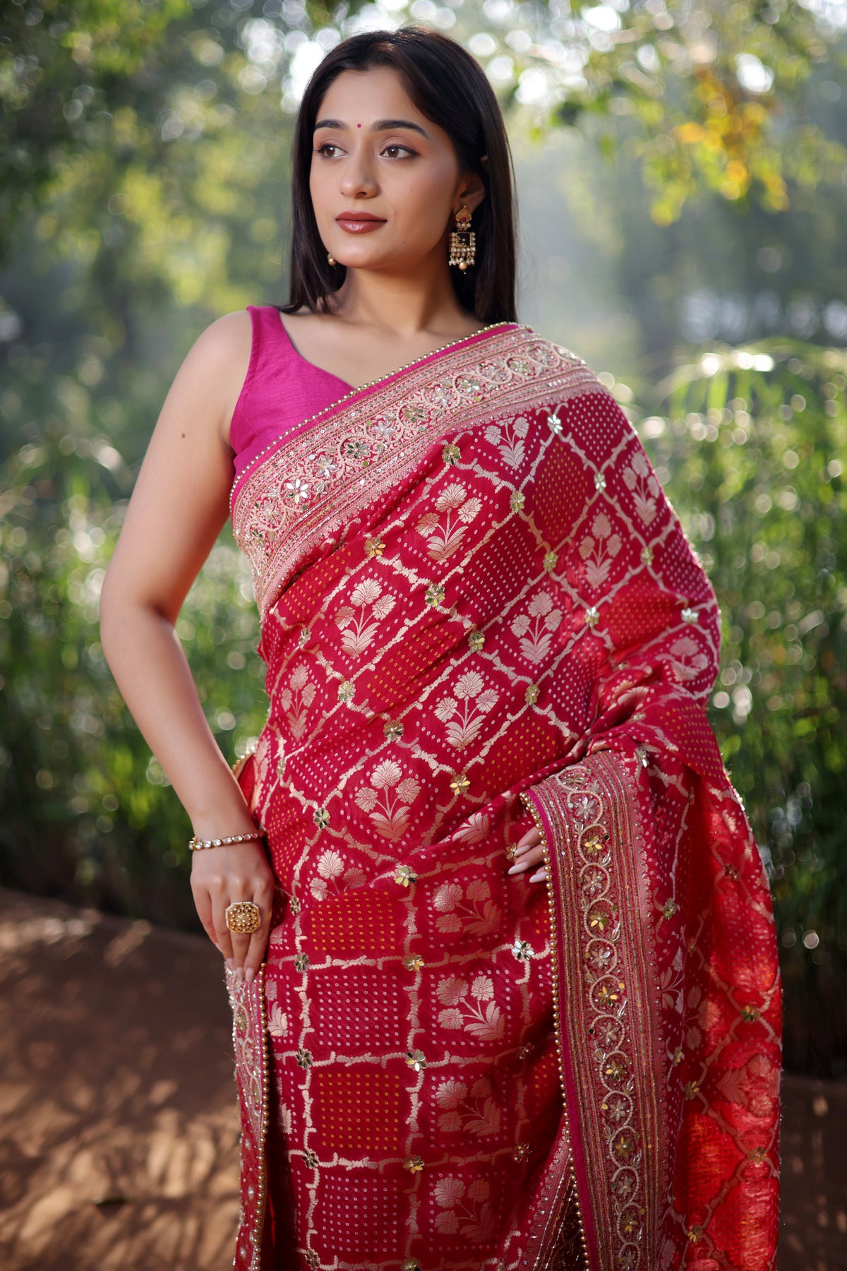 Pink Georgette Floral Woven Checks Saree with Sequin Beaded Work - pink georgette saree