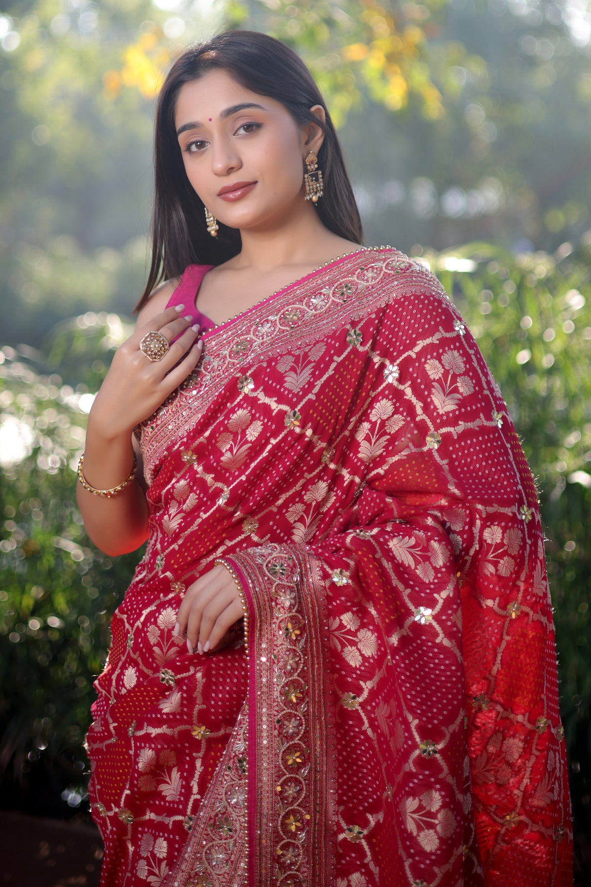 Pink Georgette Floral Woven Checks Saree with Sequin Beaded Work - pink georgette saree