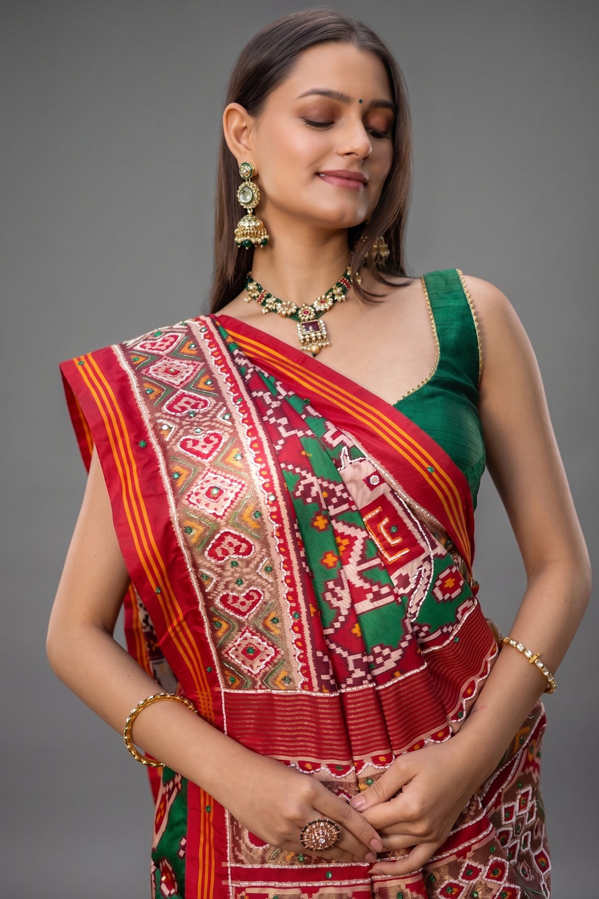 Green Silk Traditional Patola Saree with Beaded Work - green silk saree patola