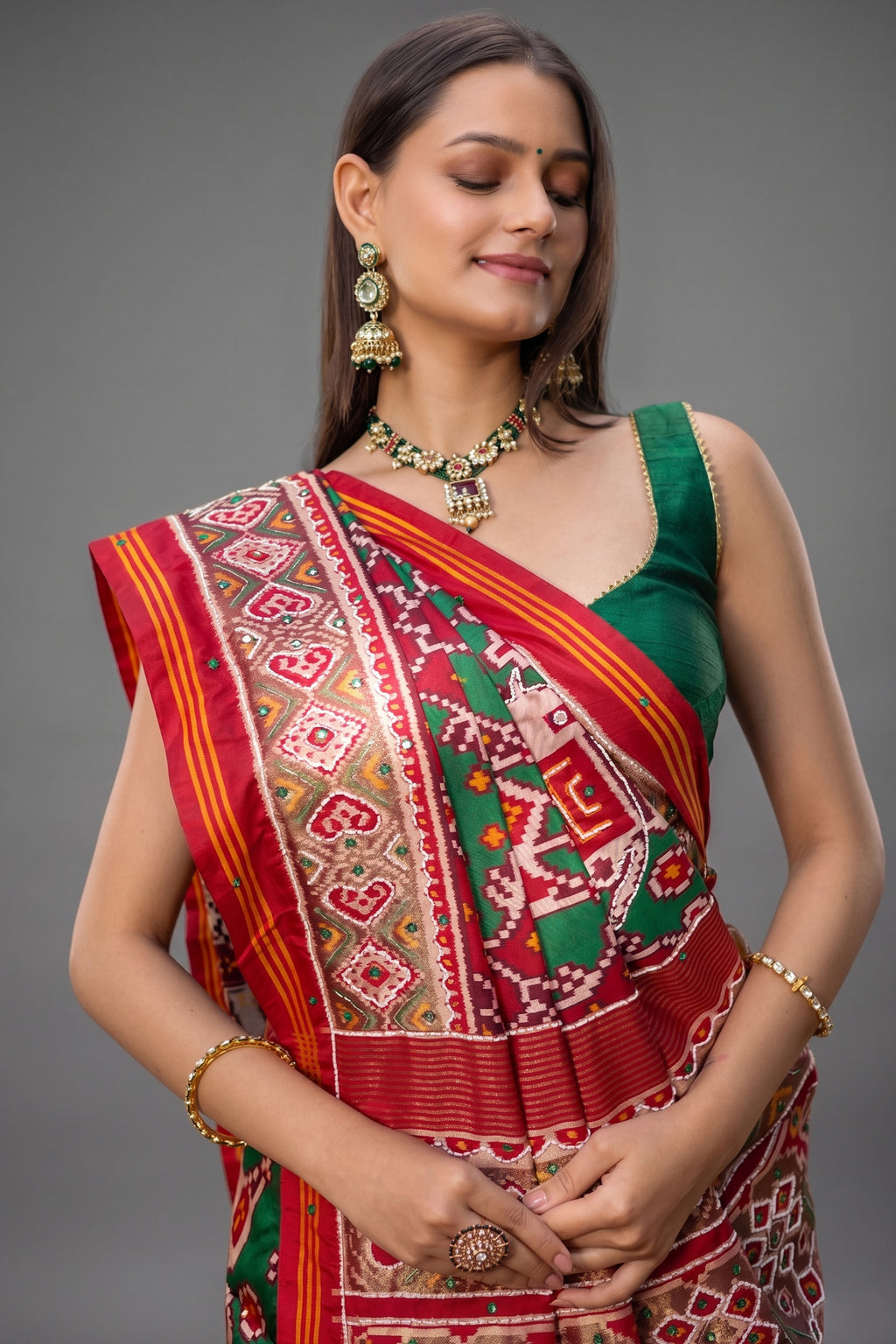 Green Silk Traditional Patola Saree with Beaded Work - green silk saree patola