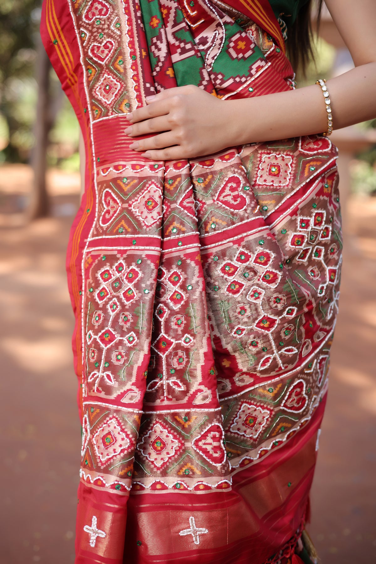 Green Silk Traditional Patola Saree with Beaded Work - green silk saree patola