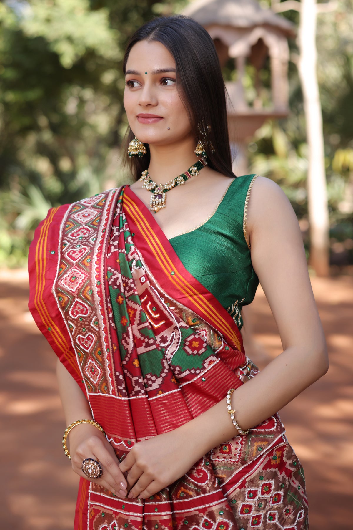 Green Silk Traditional Patola Saree with Beaded Work - green silk saree patola
