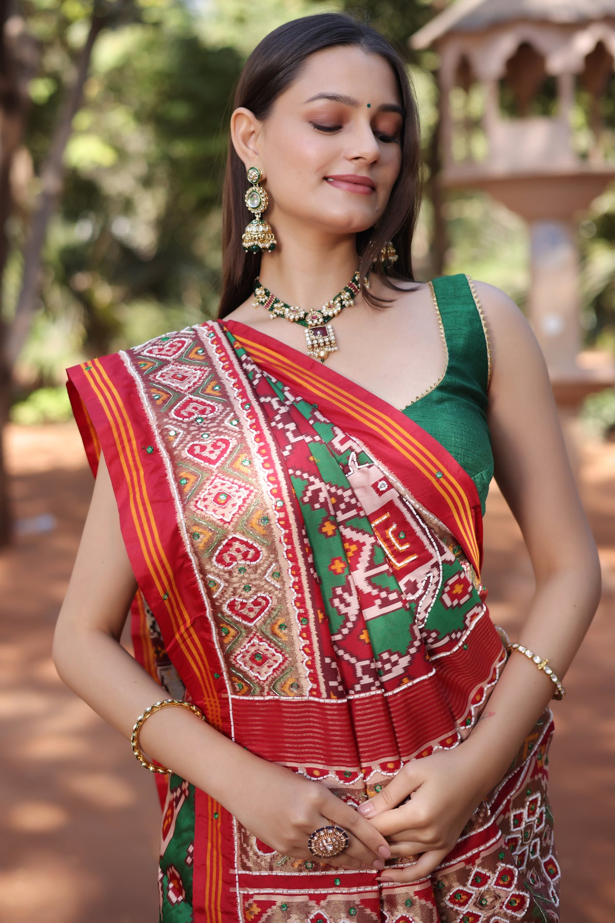 Green Silk Traditional Patola Saree with Beaded Work - green silk saree patola