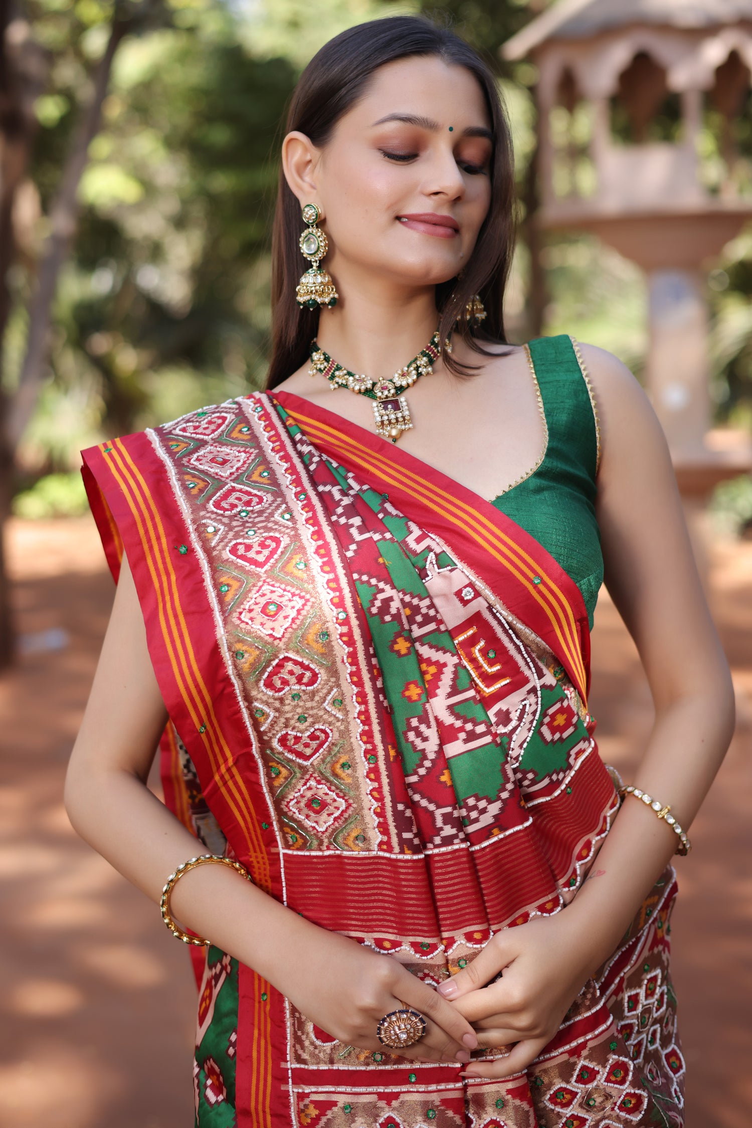 Green Silk Traditional Patola Saree with Beaded Work - green silk saree patola