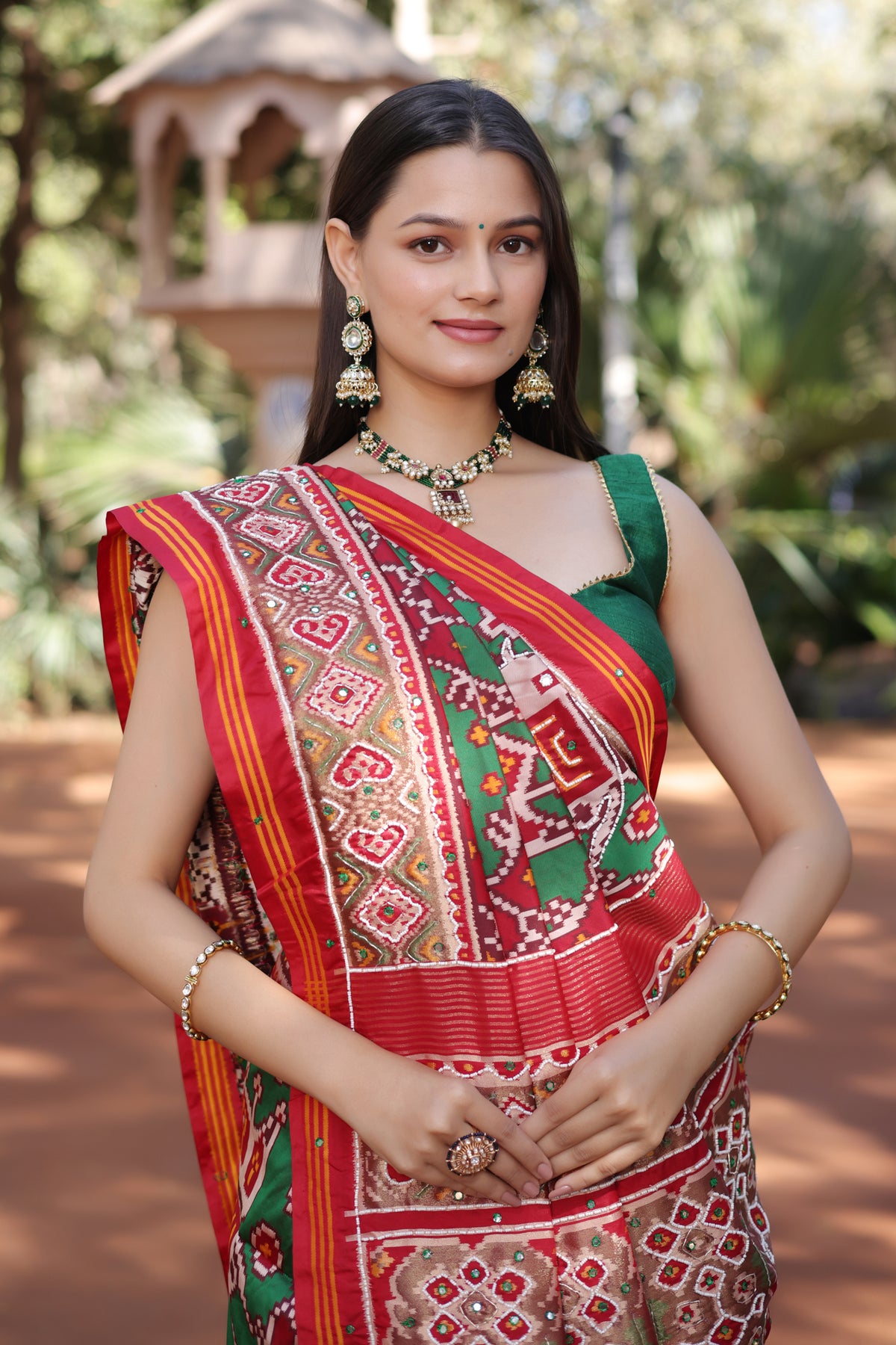 Green Silk Traditional Patola Saree with Beaded Work - green silk saree patola