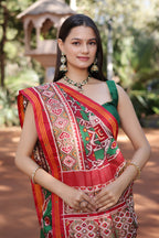 Green Silk Traditional Patola Saree with Beaded Work - green silk saree patola