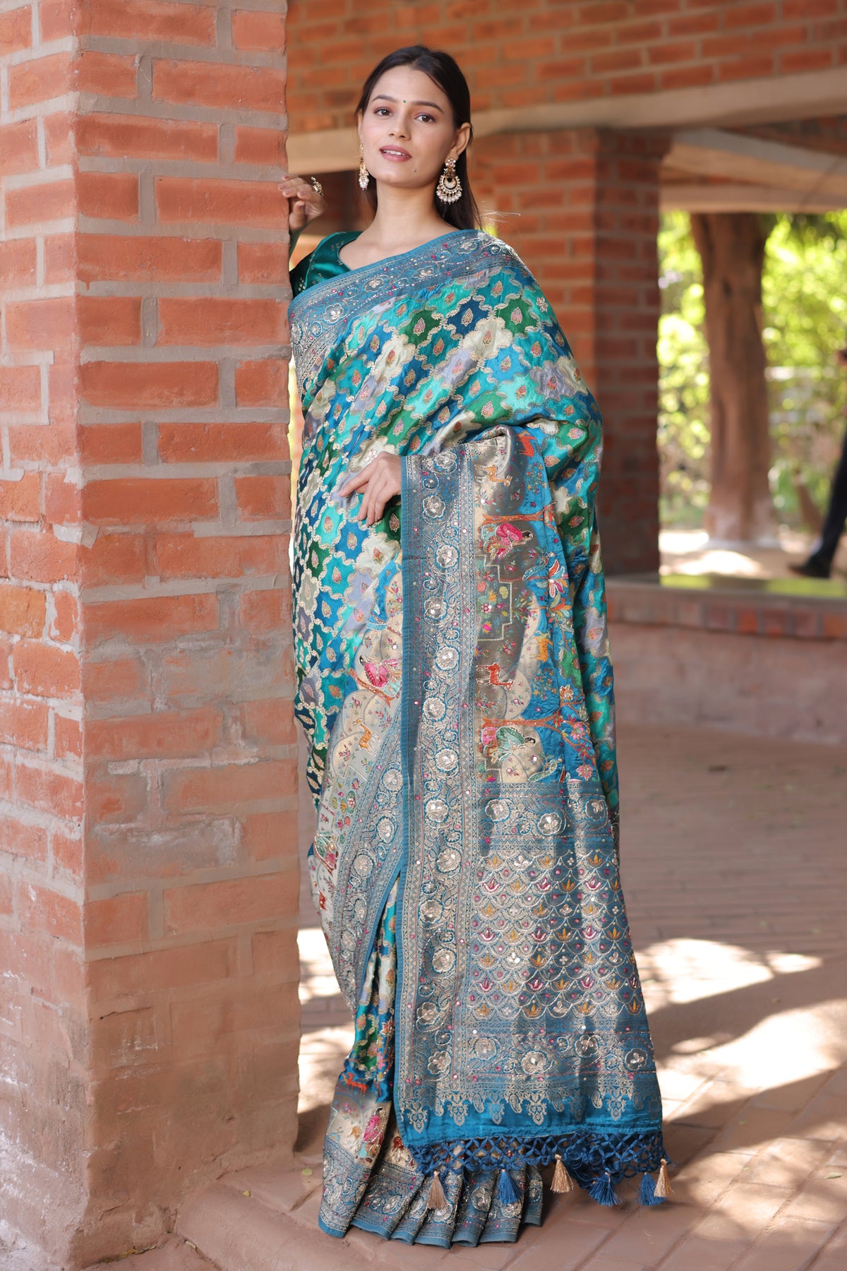 Blue and Multi Colored Modal Silk Woven Saree with Gota and Applique Work - red silk saree