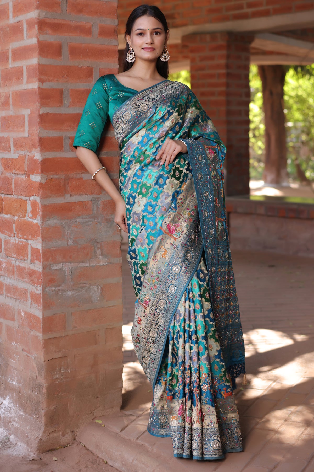 Blue and Multi Colored Modal Silk Woven Saree with Gota and Applique Work - red silk saree