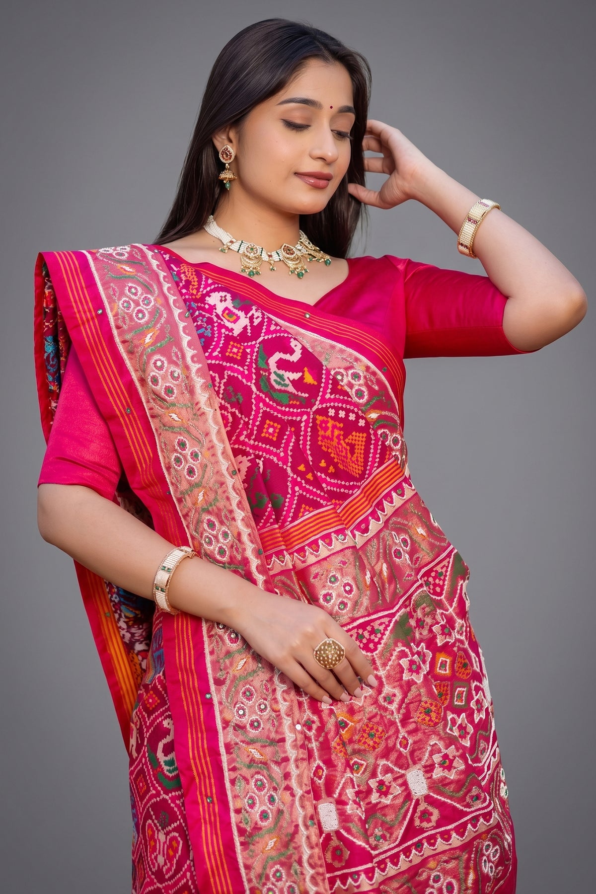Pink Silk Traditional Patola Saree with Bead Work - pink silk saree patola