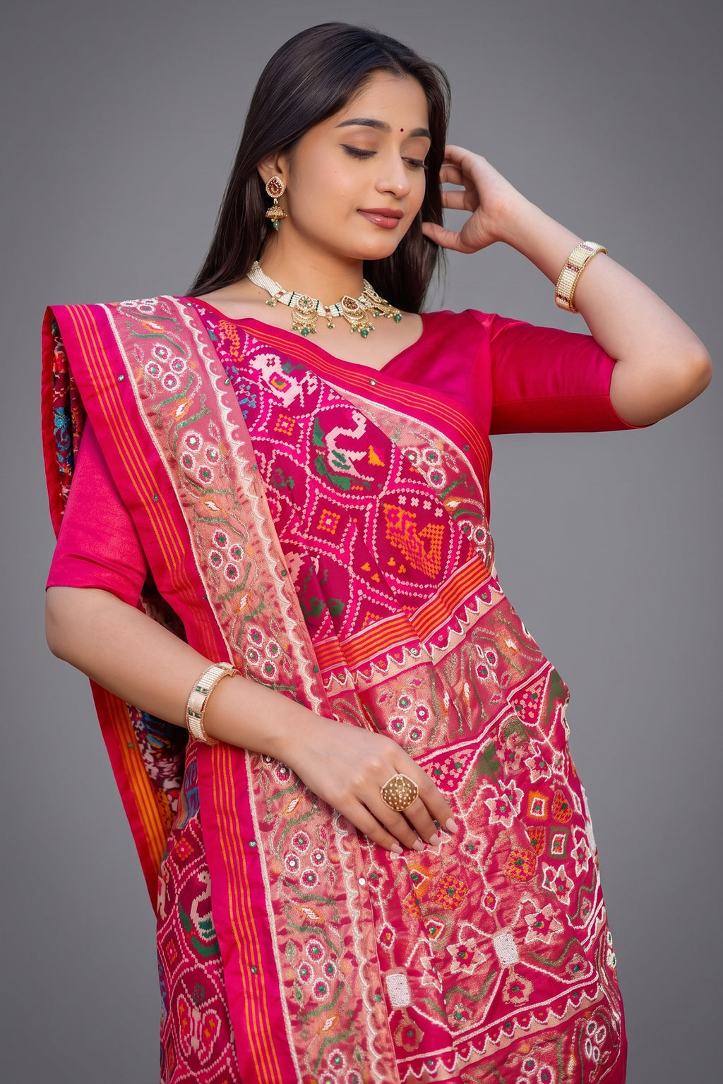 Pink Silk Traditional Patola Saree with Bead Work - pink silk saree patola