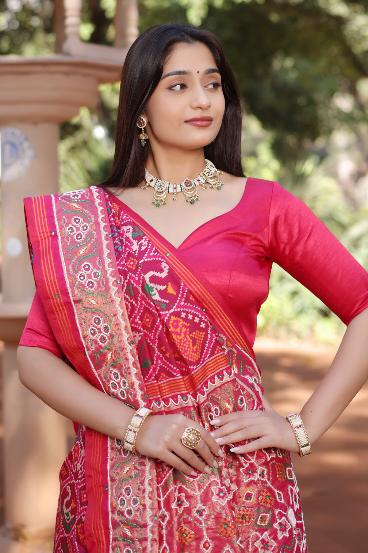 Pink Silk Traditional Patola Saree with Bead Work - pink silk saree patola