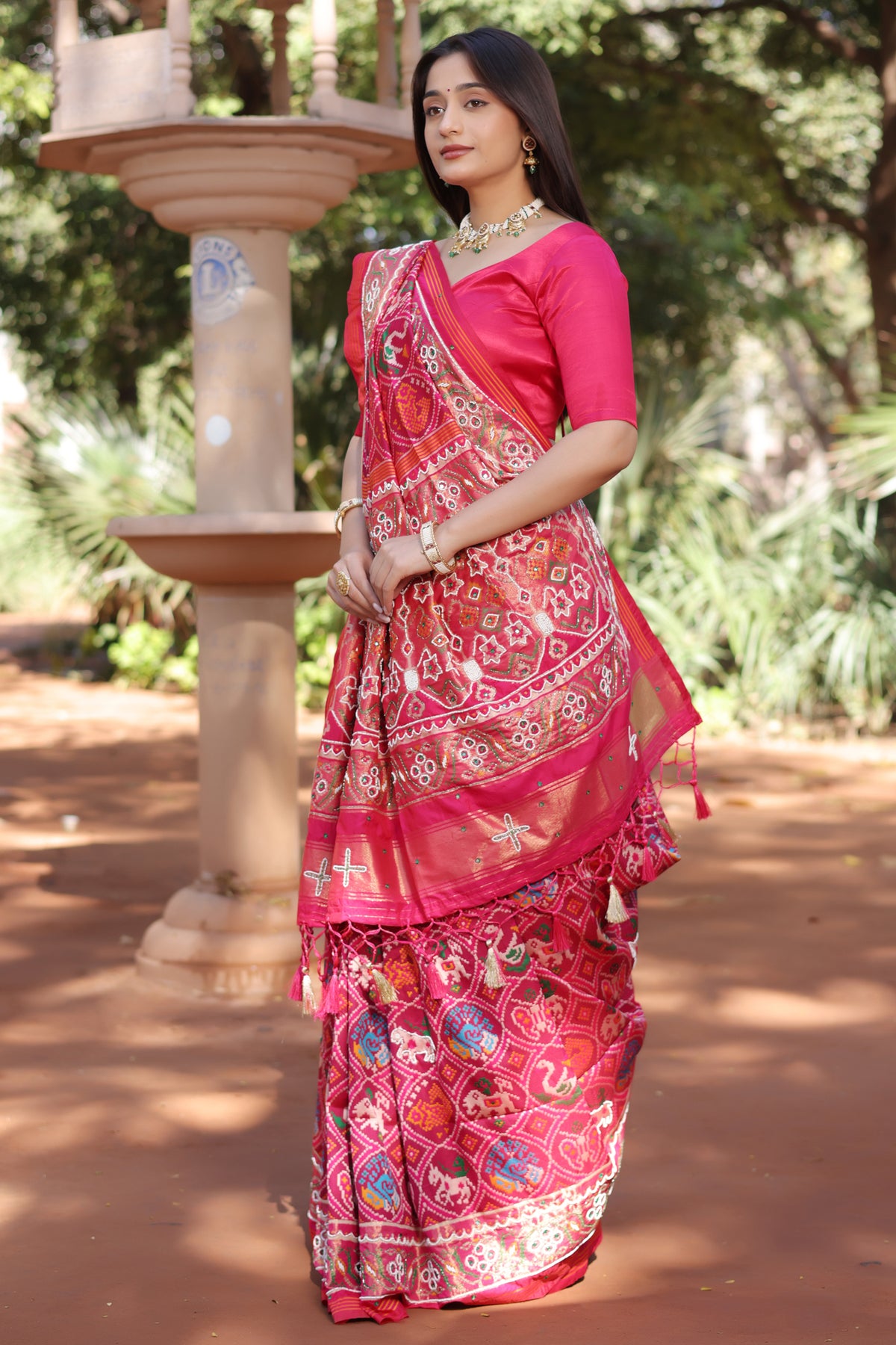 Pink Silk Traditional Patola Saree with Bead Work - pink silk saree patola