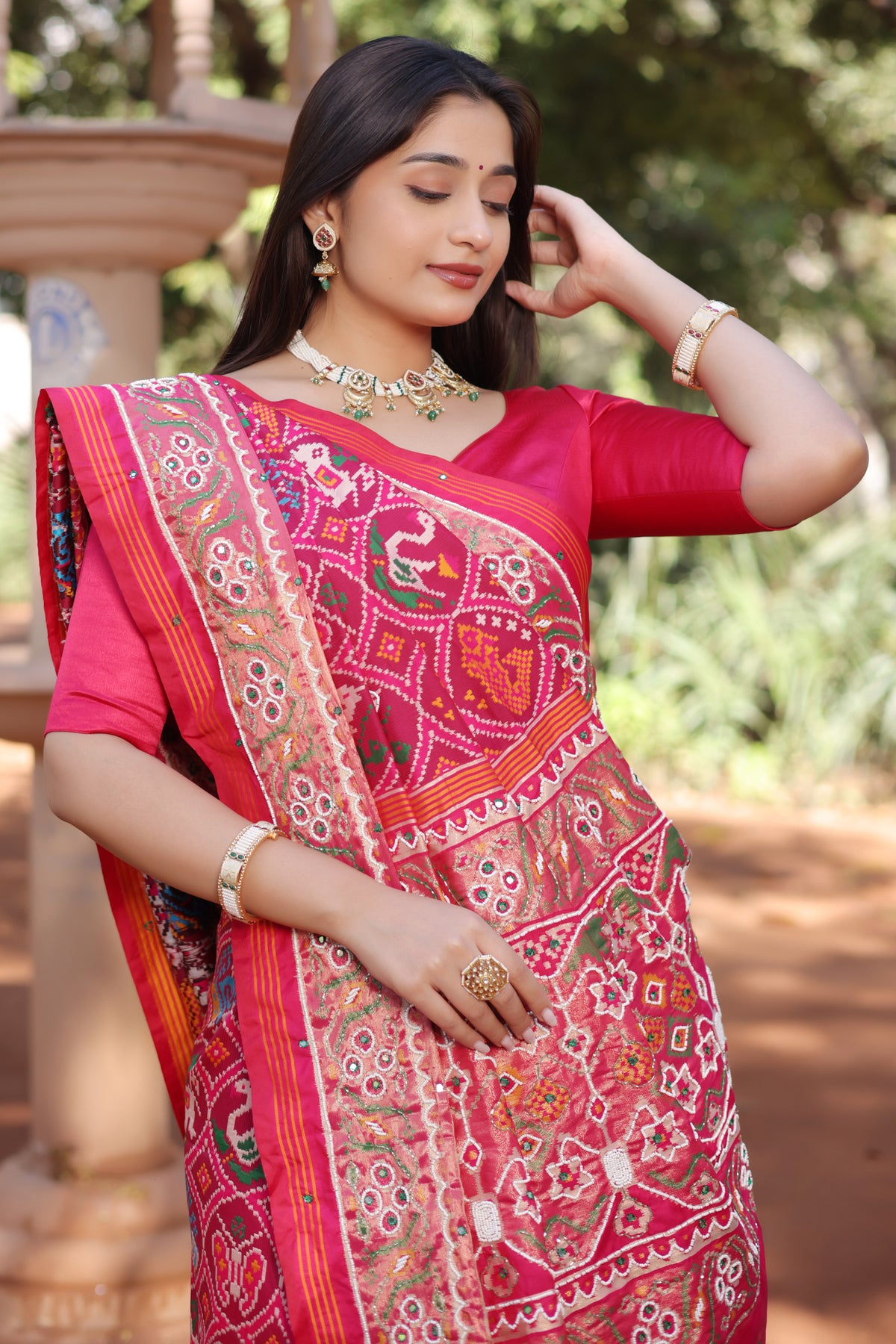 Pink Silk Traditional Patola Saree with Bead Work - pink silk saree patola