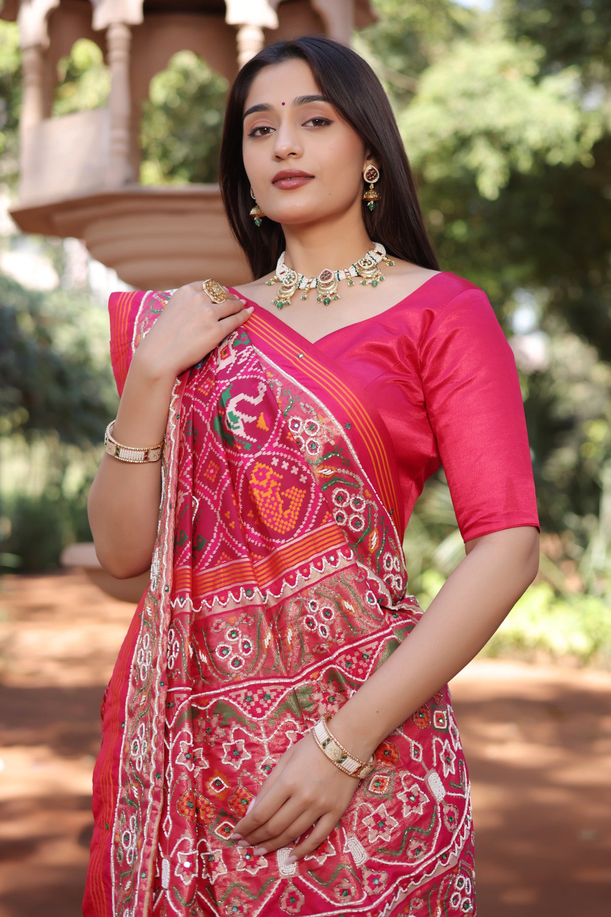 Pink Silk Traditional Patola Saree with Bead Work - pink silk saree patola