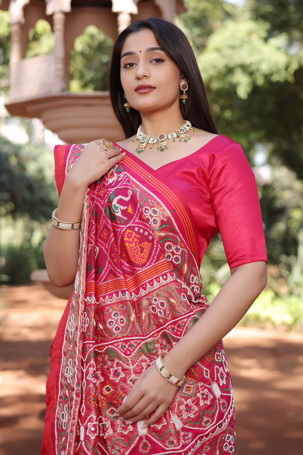 Pink Silk Traditional Patola Saree with Bead Work - pink silk saree patola