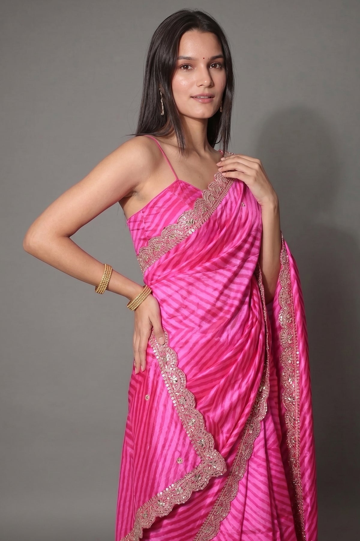 Pink Silk Leheriya Printed Saree with Applique Work Scallop Border - pink silk saree
