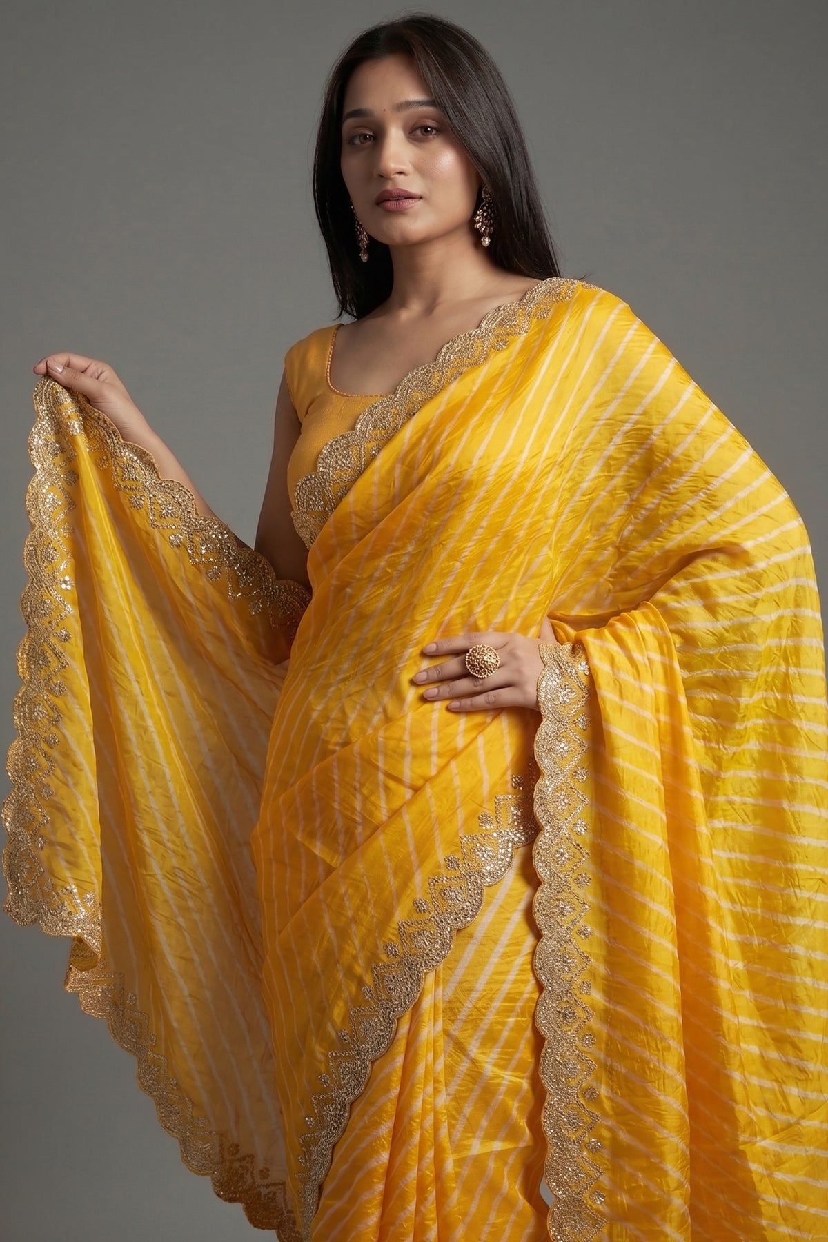 Yellow Silk Leheriya Printed Saree with Applique Scallop Border - yellow silk saree
