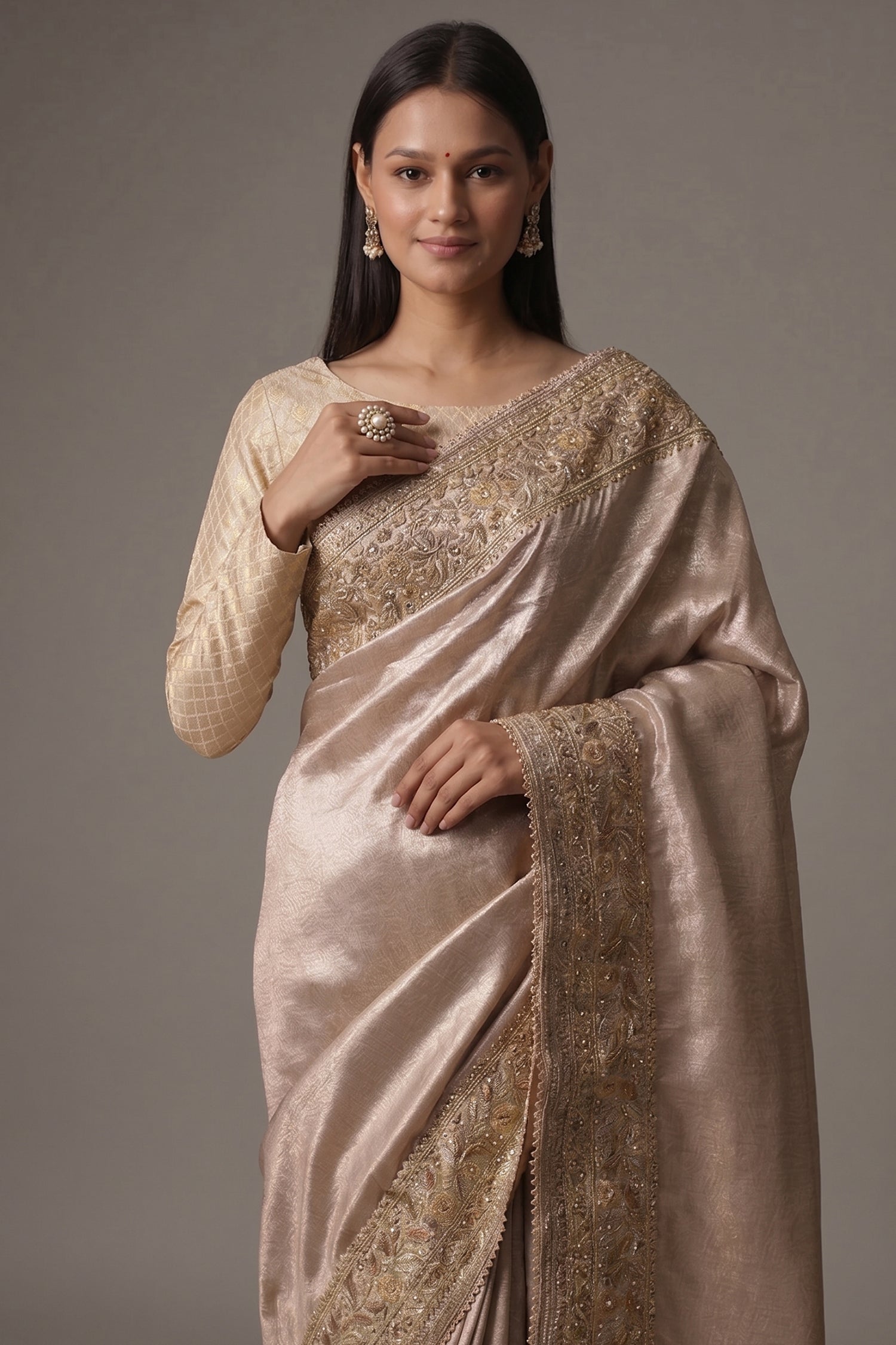 Peach Dola Silk Saree with Sequin Embroidery Border Secondary image