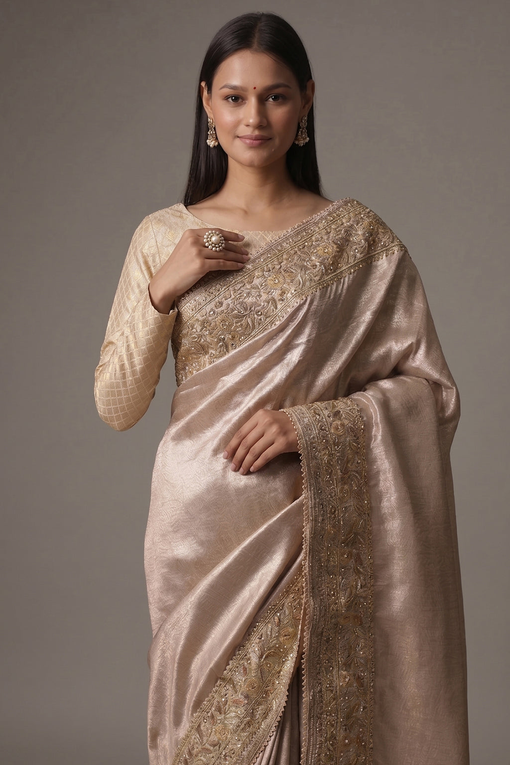 Peach Dola Silk Saree with Sequin Embroidery Border - peach silk saree embroidery