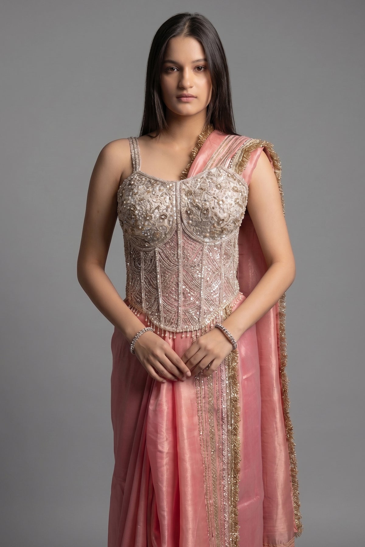 Coral Pink Organza Saree with Kiral Lace Border - coral organza saree