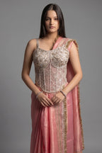 Coral Pink Organza Saree with Kiral Lace Border - coral organza saree