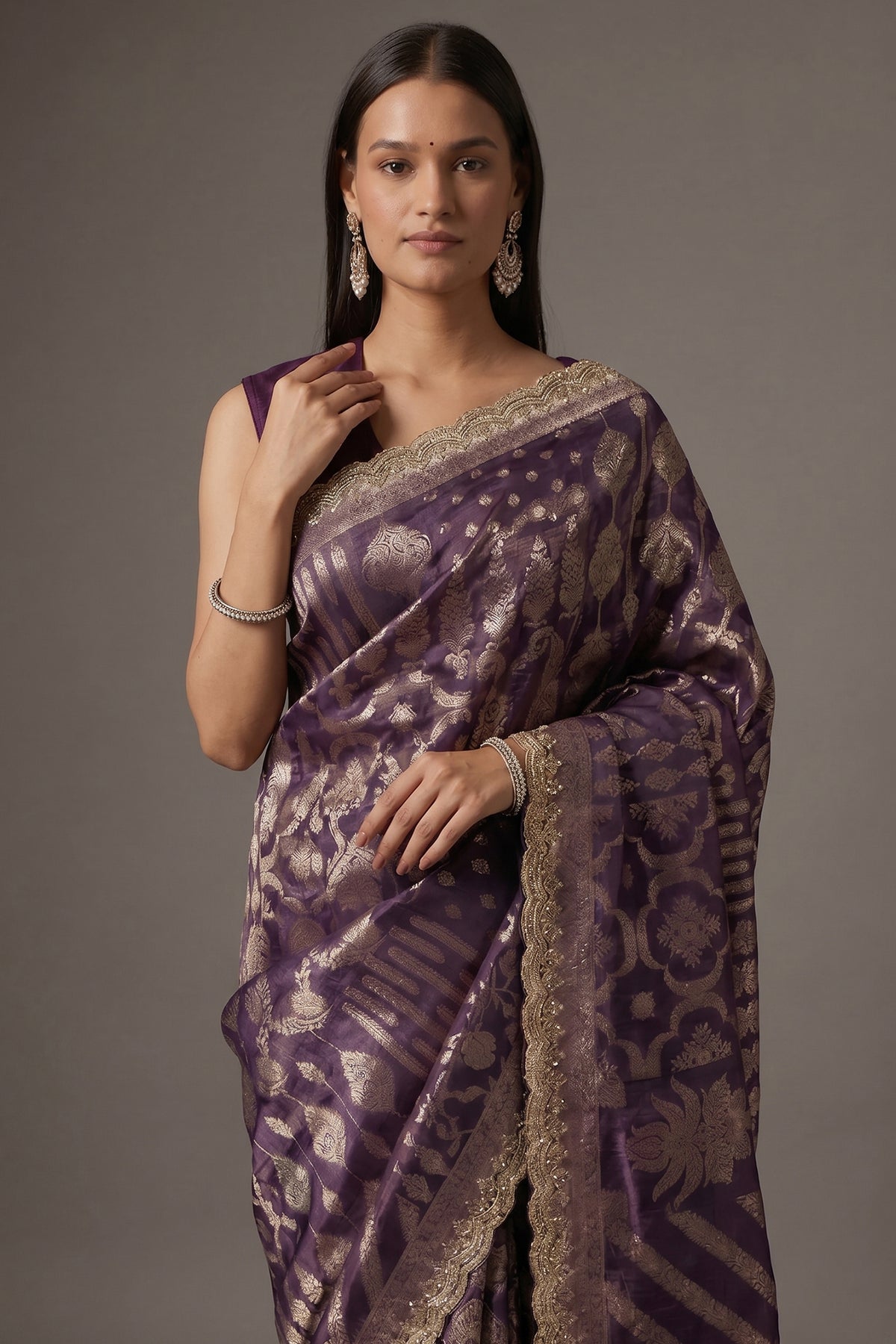 Purple Tissue Silk All Over Woven Saree with Scallop Cutdana Applique Border - purple silk saree
