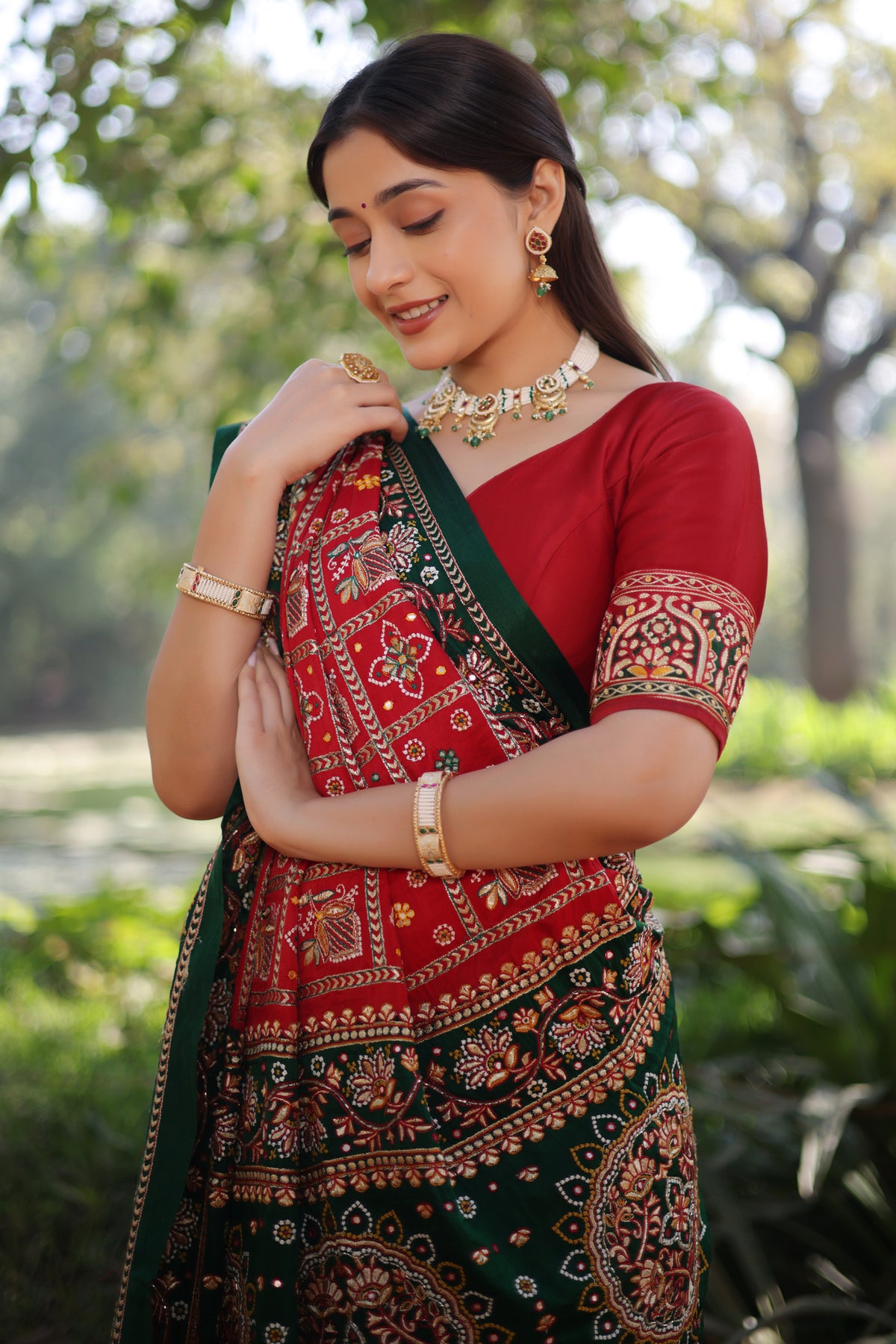 Maroon Gaji Silk Traditional Gharchola with Contrast Pallu and Border - maroon silk saree