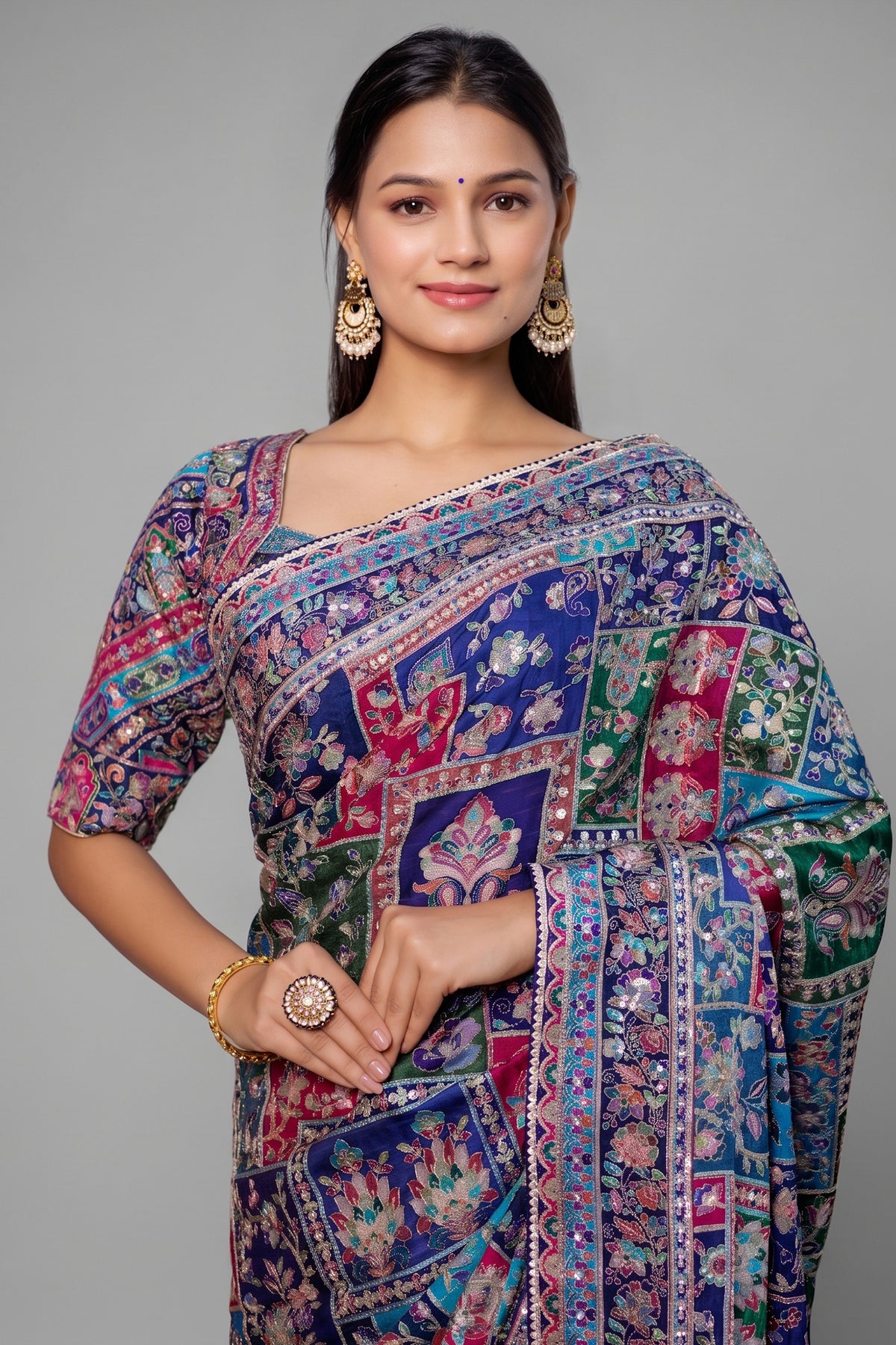 Blue Modal Silk Printed Saree with Sequin Embroidery Work - blue silk saree embroidery
