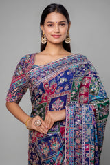 Blue Modal Silk Printed Saree with Sequin Embroidery Work
