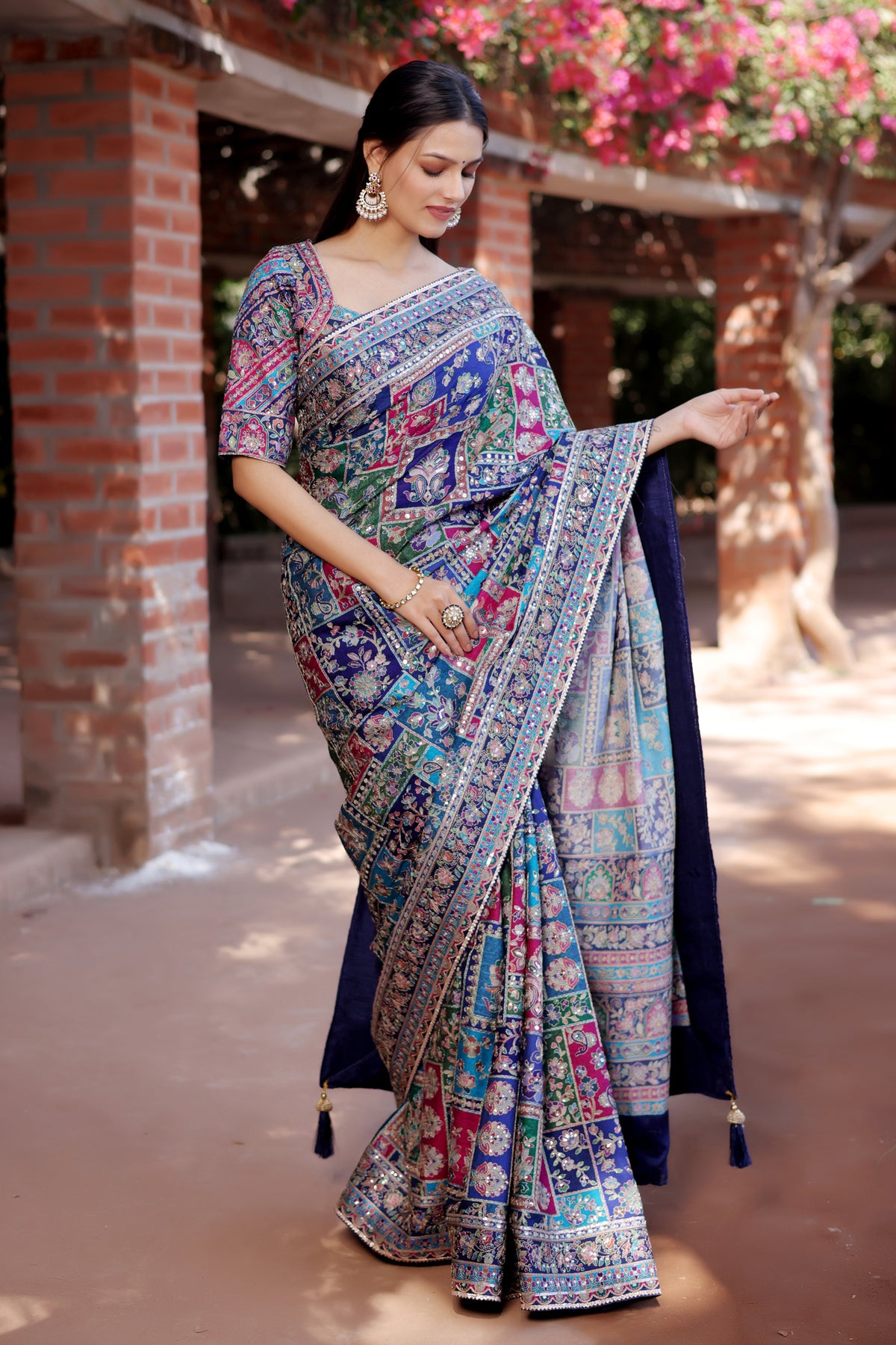 Blue Modal Silk Printed Saree with Sequin Embroidery Work - blue silk saree embroidery